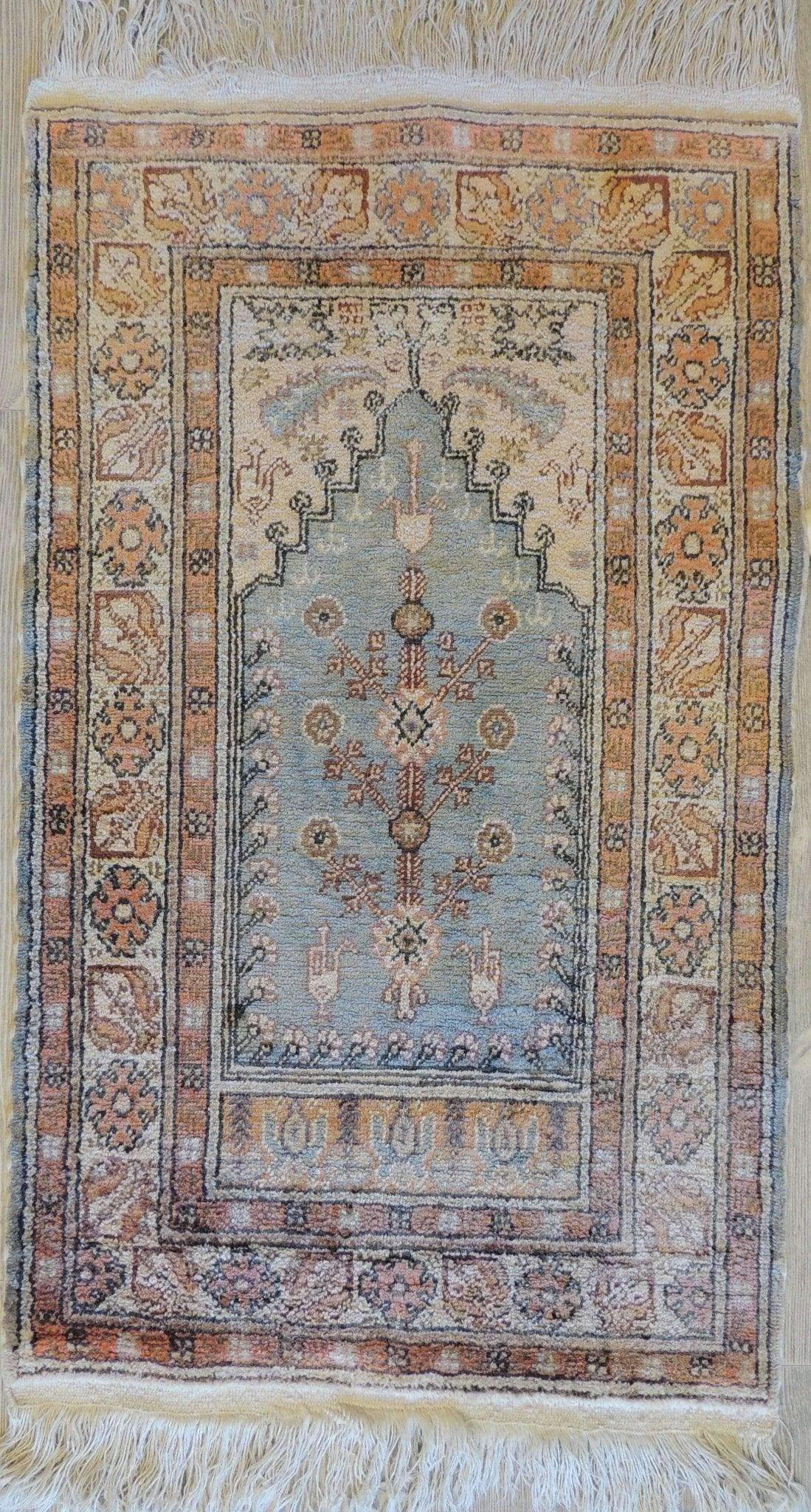 Fine Vintage Hand-Knotted Kayseri Silk Prayer Rug 19''x42''