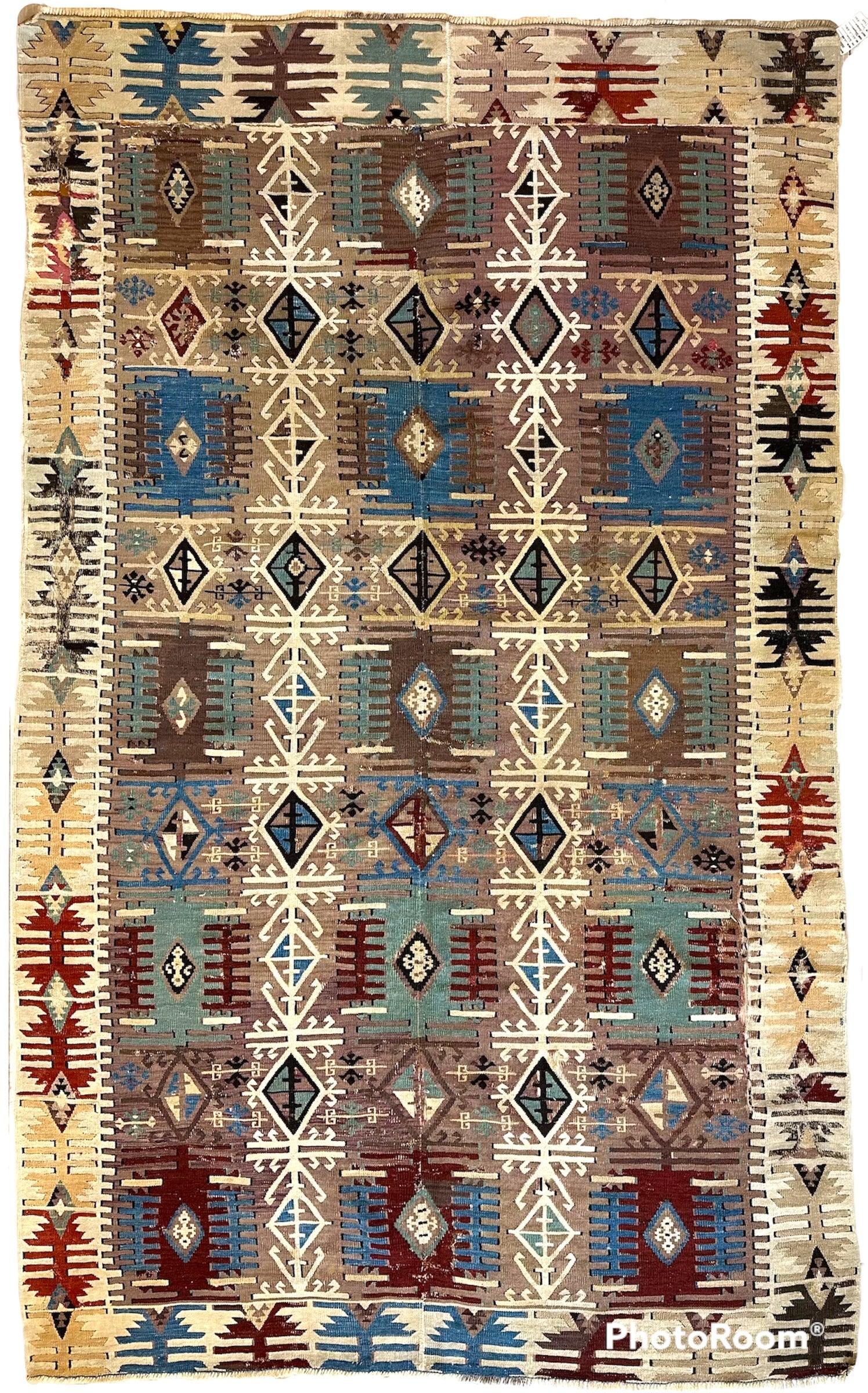 19th C Decorative Collectable Turkish Anatolian Reyhannli Kilim Rug 5’ x 8’3”