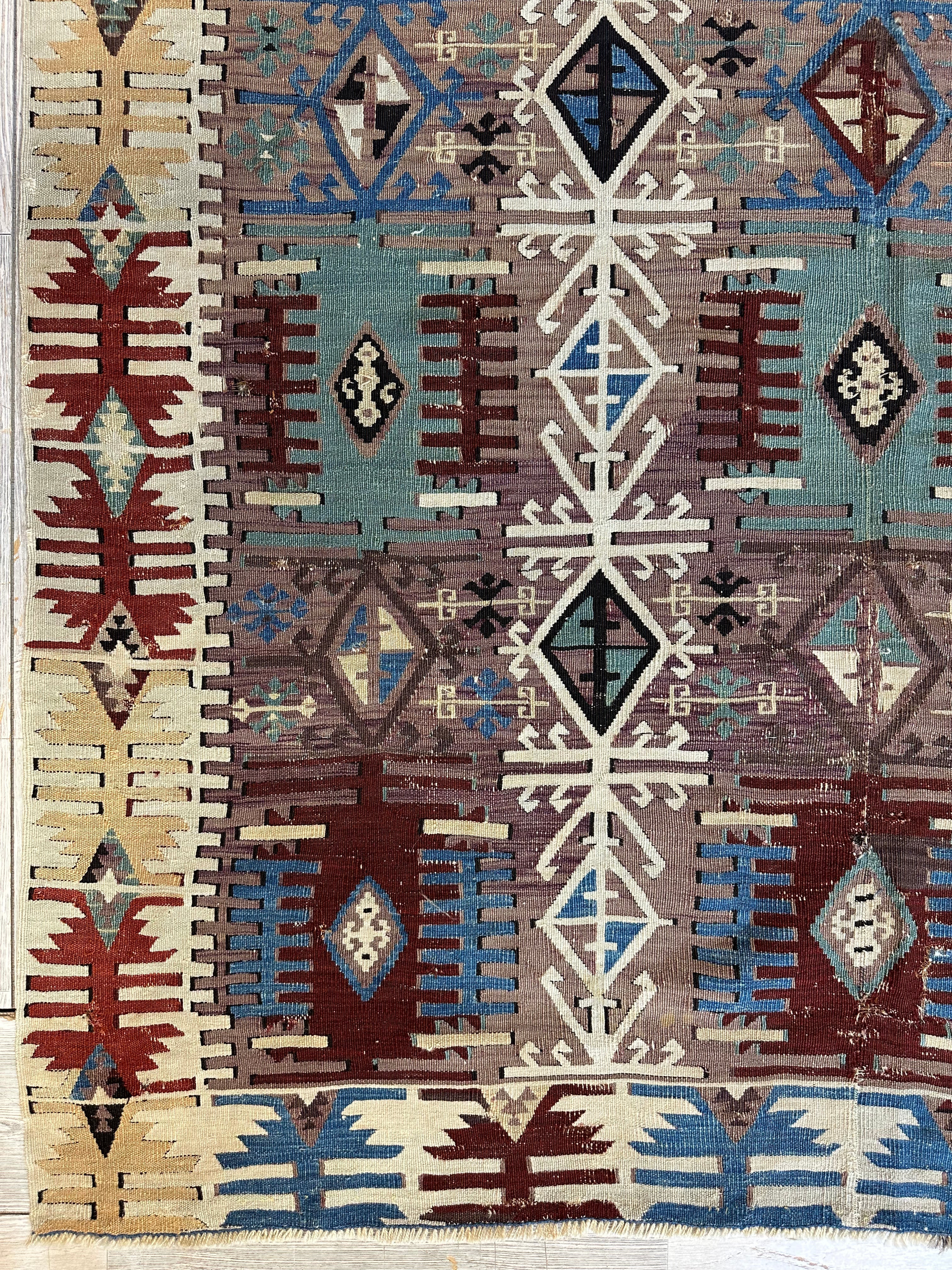 19th C Decorative Collectable Turkish Anatolian Reyhannli Kilim Rug 5’ x 8’3”