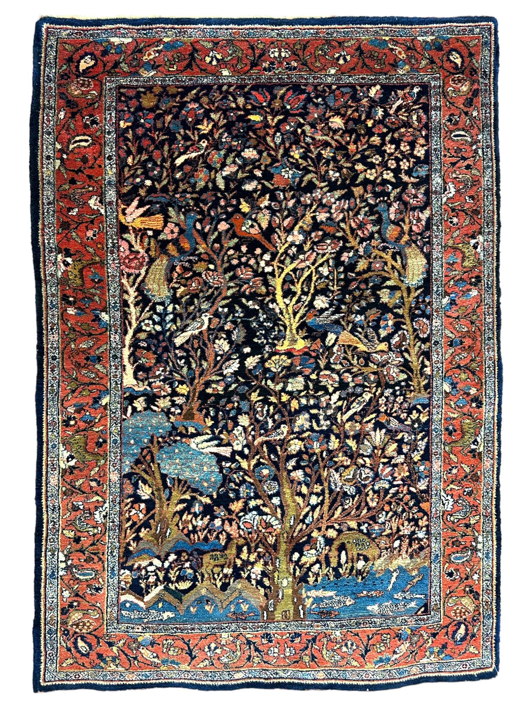Amazing Antique Persian Bijar (Bidjar) Pictorial Tree of Life Rug 4’3” x 5’9”