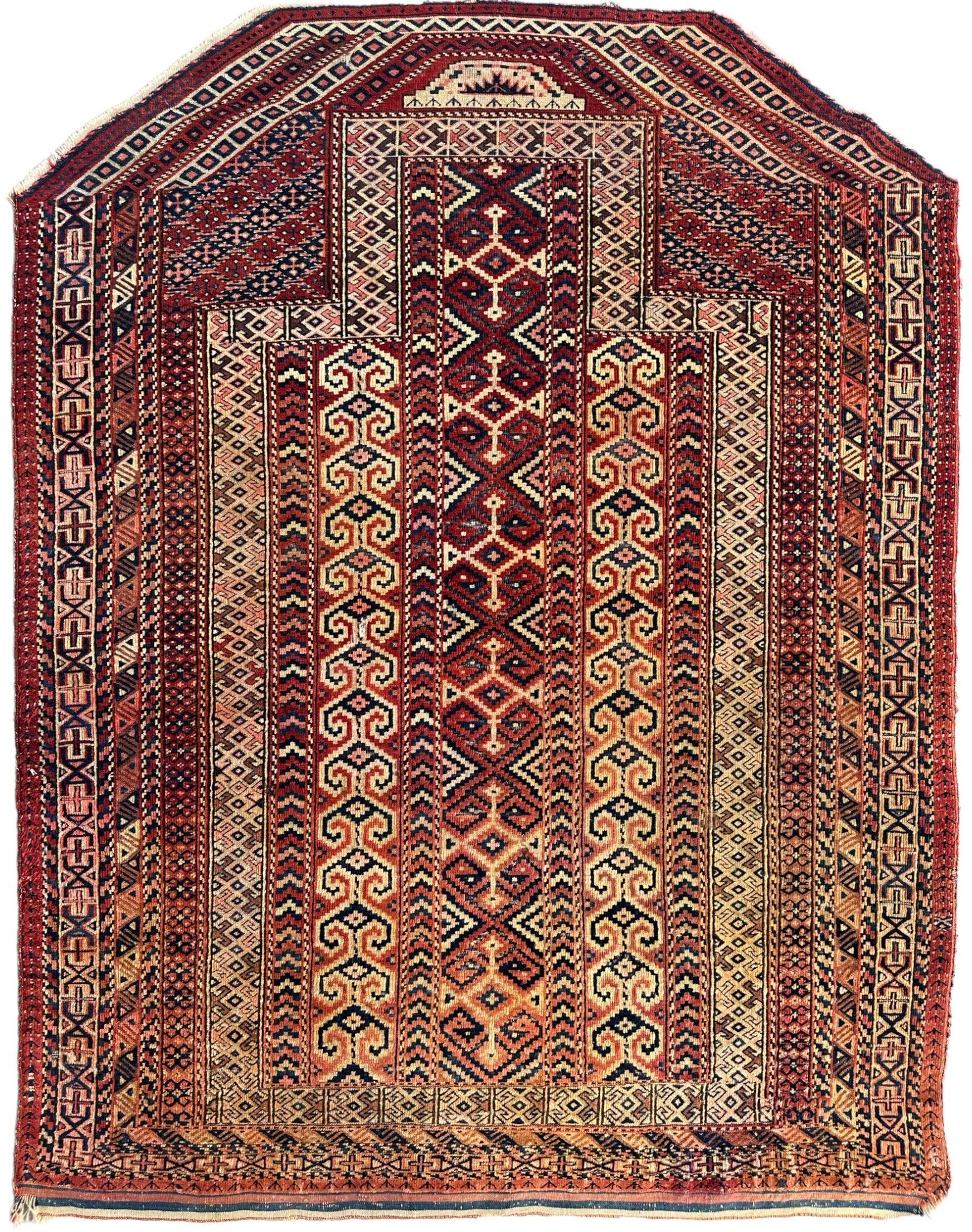 Antique 1890’s Turkoman Prayer Rug or Namazlyk 4’ x 5’2”