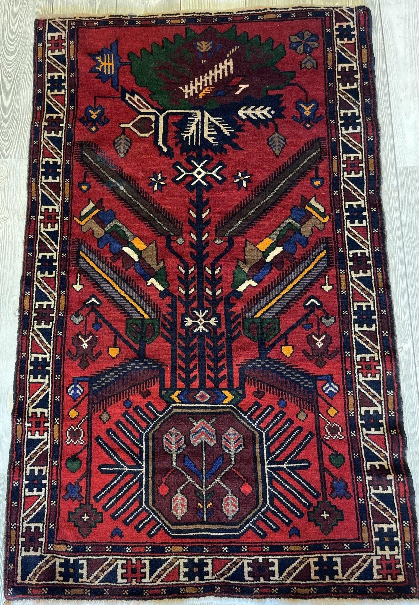 Authentic Hand Knotted Vintage Afghani Adraskan Baluchi Wool Area Rug 5' x 3' ft