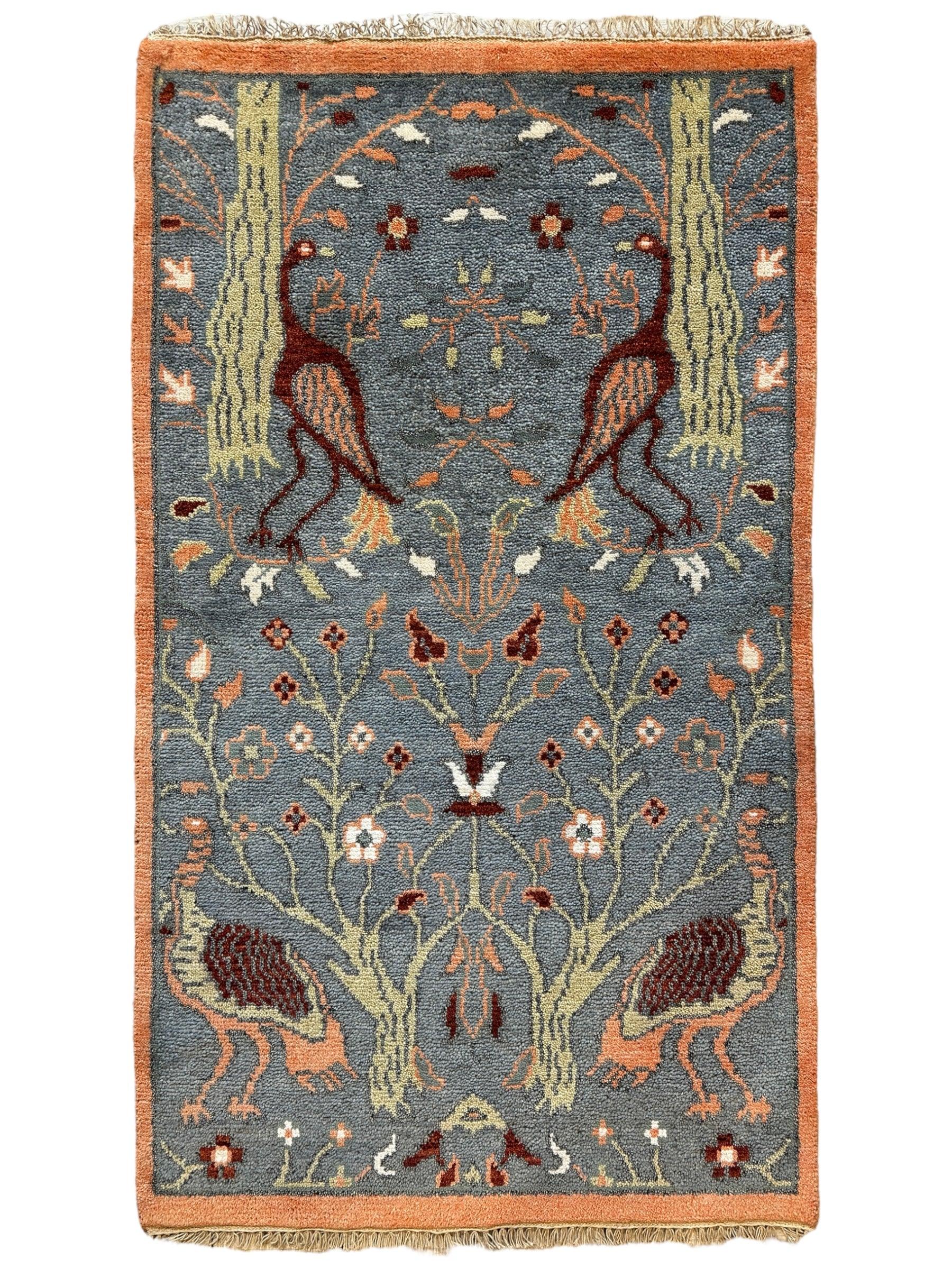Fine Hand-Knotted Birds Pictorial Throw Rug 3’ x 5’
