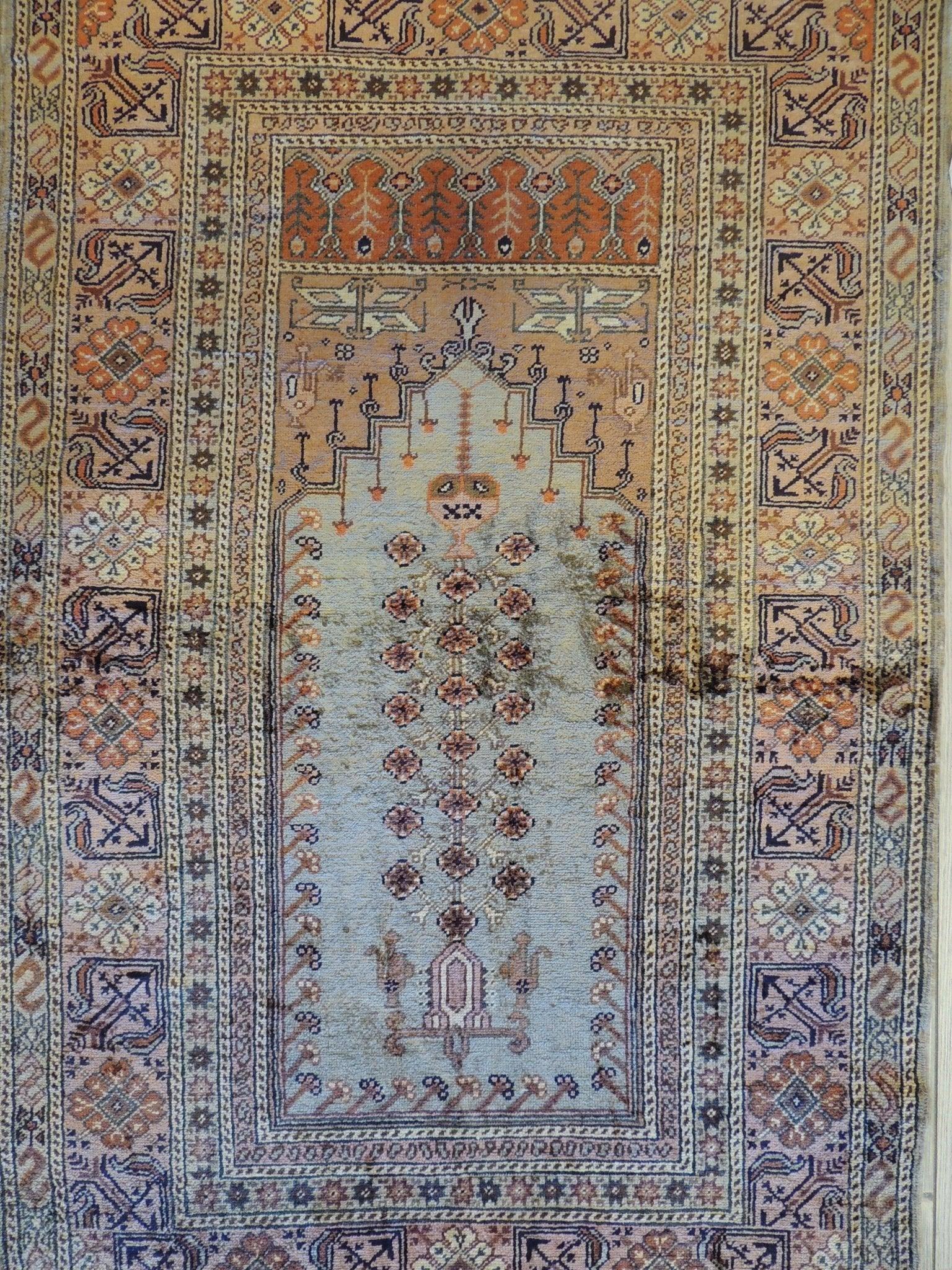 Fine Vintage Hand-Knotted Kayseri Silk Prayer Rug 34''x55''
