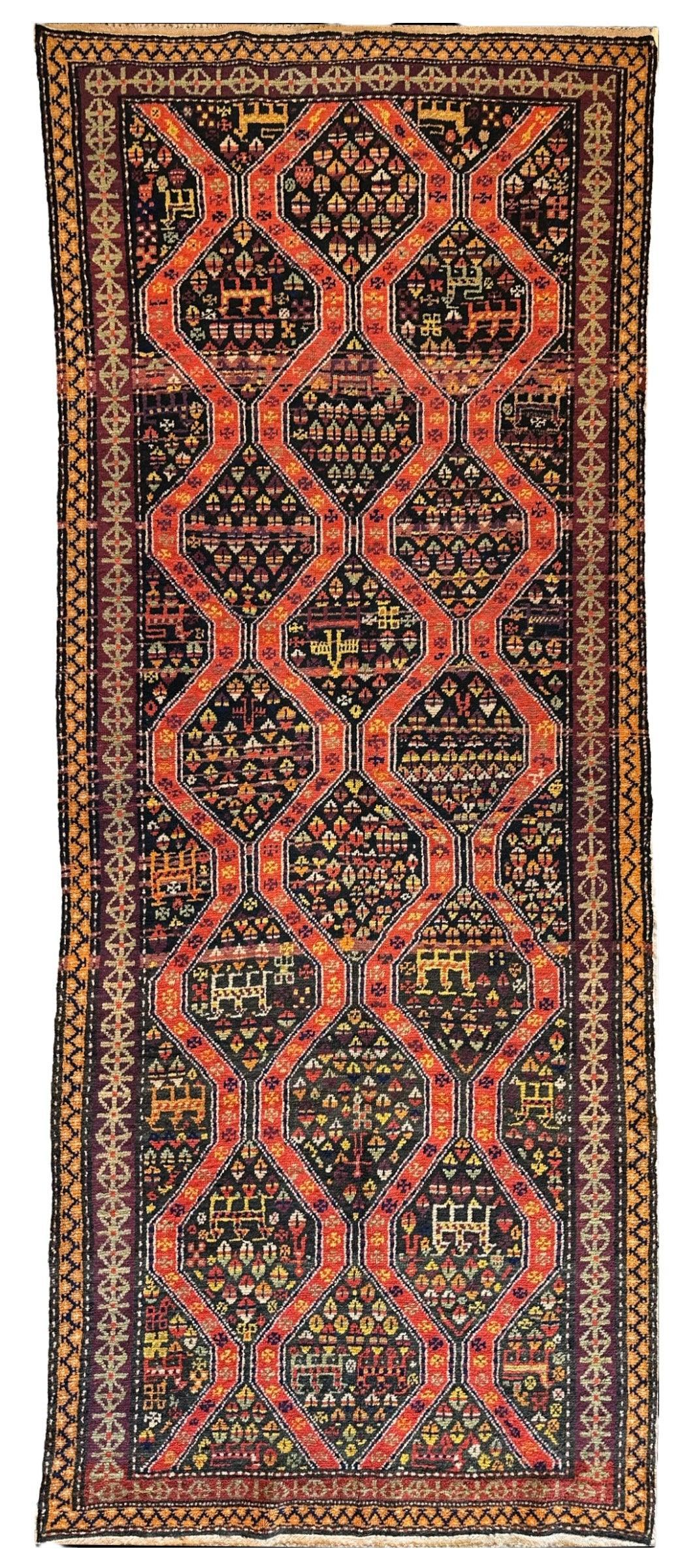 Rare Antique Handmade Caucasian Kazak Rug 4’ x 9’