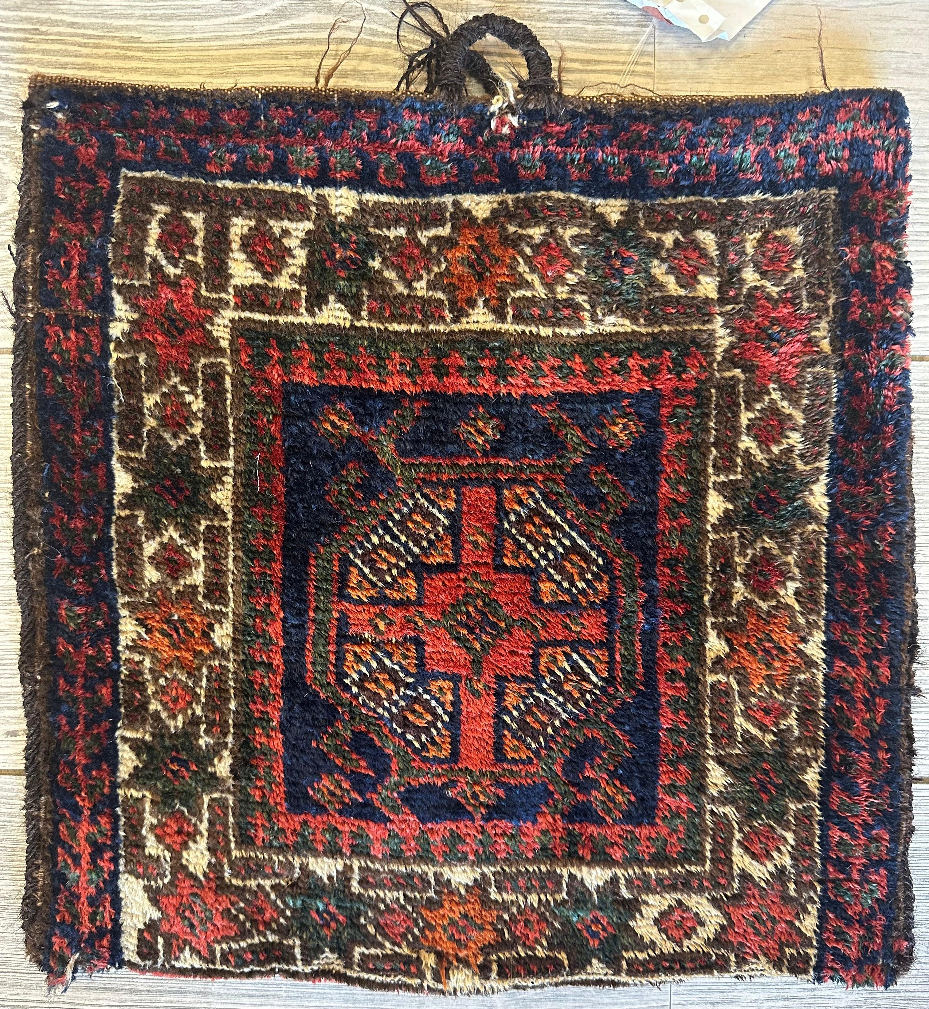 Small Vintage Kurdish Circa 1950s Wool on Wool Complete Bag - 14" X 14"