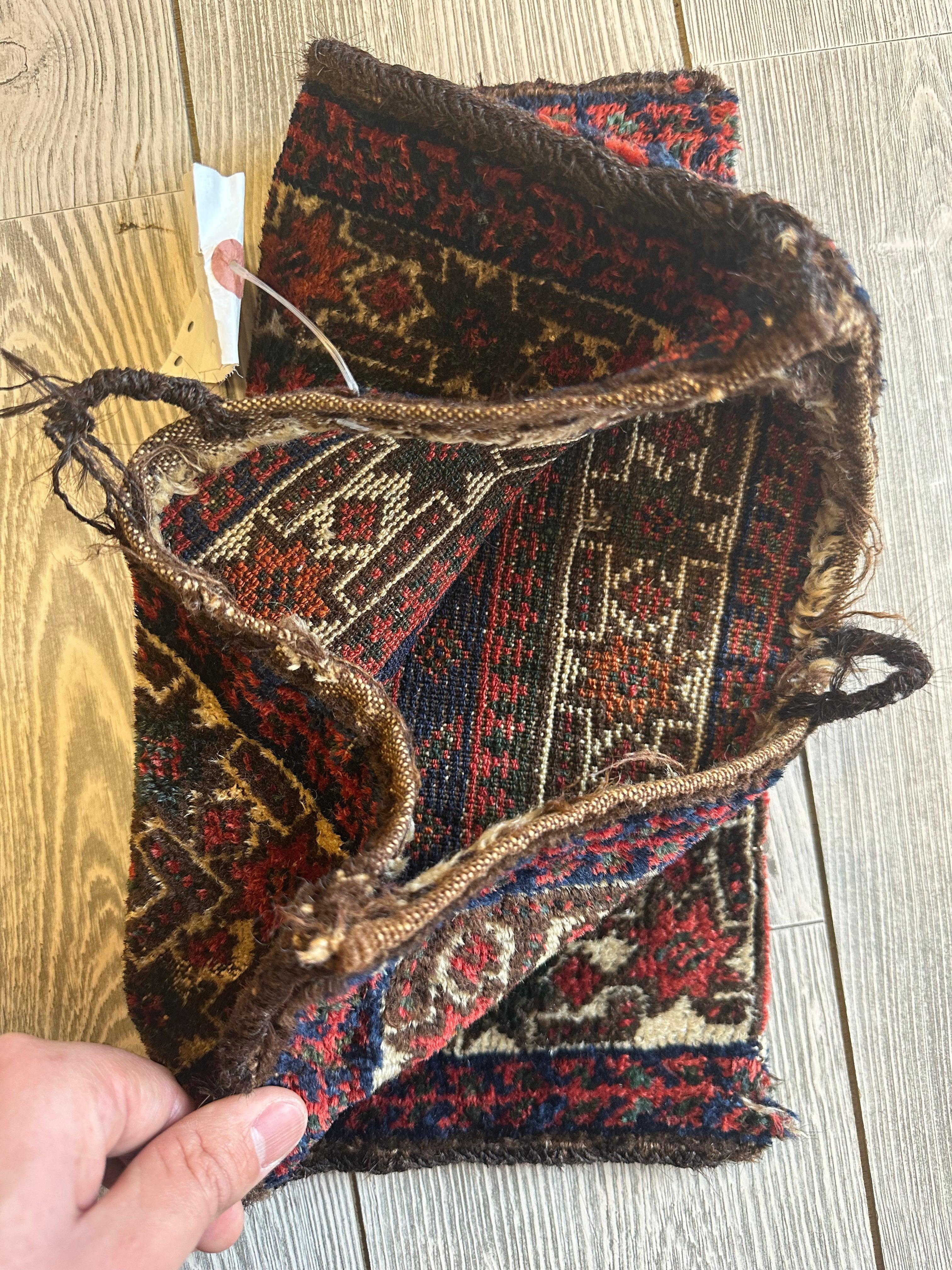 Small Vintage Kurdish Circa 1950s Wool on Wool Complete Bag - 14" X 14"