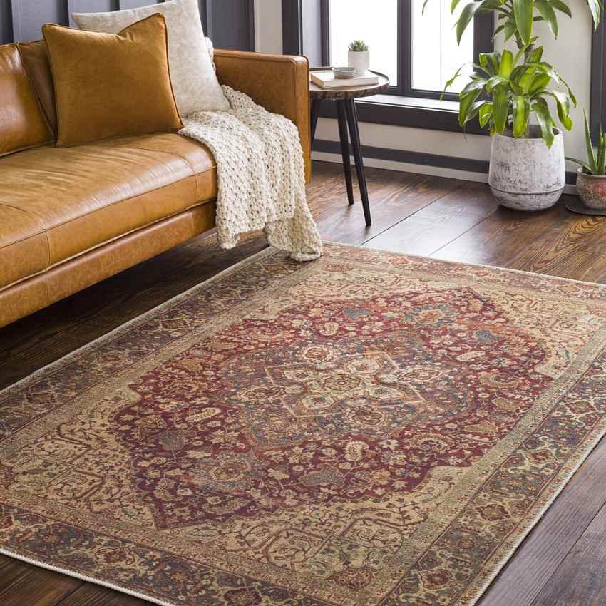 West Peoria Traditional Burgundy Washable Area Rug